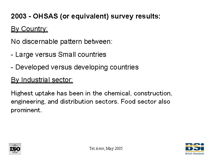 2003 - OHSAS (or equivalent) survey results: By Country: No discernable pattern between: -