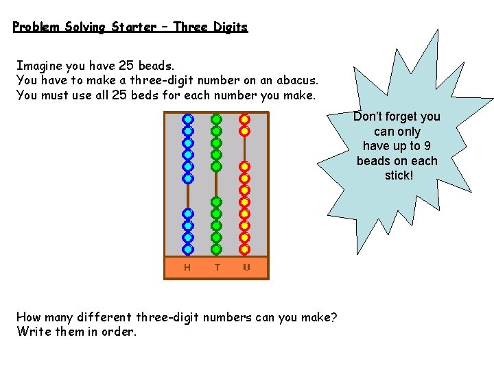 Problem Solving Starter – Three Digits Imagine you have 25 beads. You have to