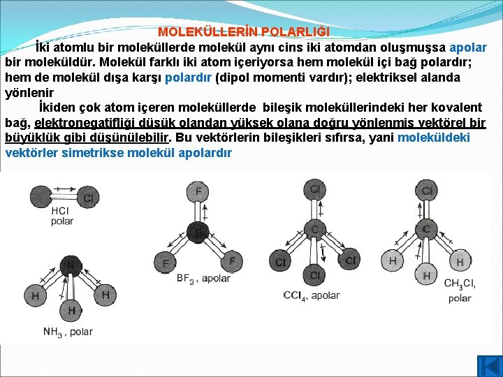 MOLEKÜLLERİN POLARLIĞI İki atomlu bir moleküllerde molekül aynı cins iki atomdan oluşmuşsa apolar bir