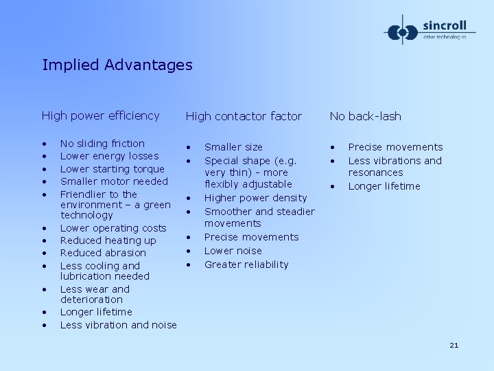 Implied Advantages High power efficiency High contactor factor No back-lash • • • •
