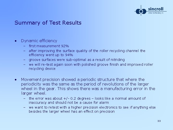 Summary of Test Results • Dynamic efficiency – first measurement 92% – after improving