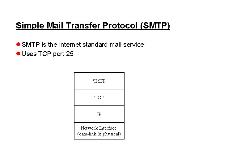 Simple Mail Transfer Protocol (SMTP) l SMTP is the Internet standard mail service l