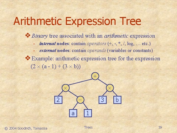 Arithmetic Expression Tree v Binary tree associated with an arithmetic expression • • internal
