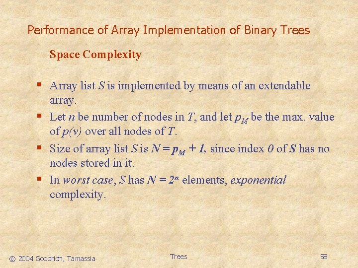 Performance of Array Implementation of Binary Trees Space Complexity § Array list S is