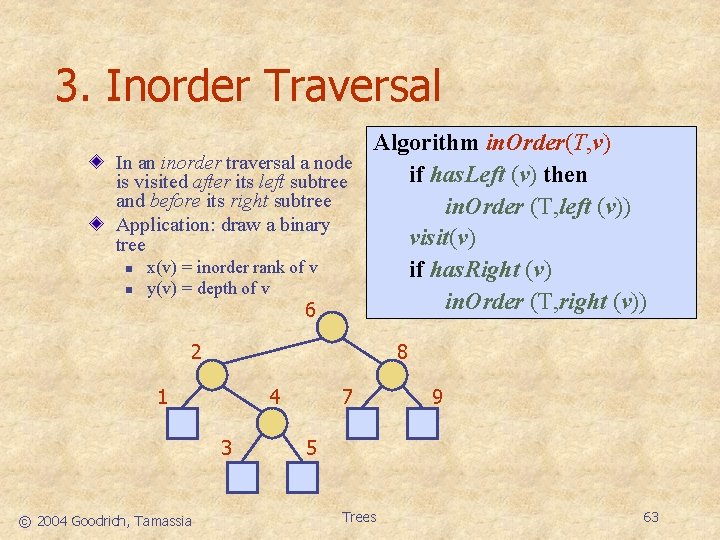 3. Inorder Traversal Algorithm in. Order(T, v) In an inorder traversal a node if