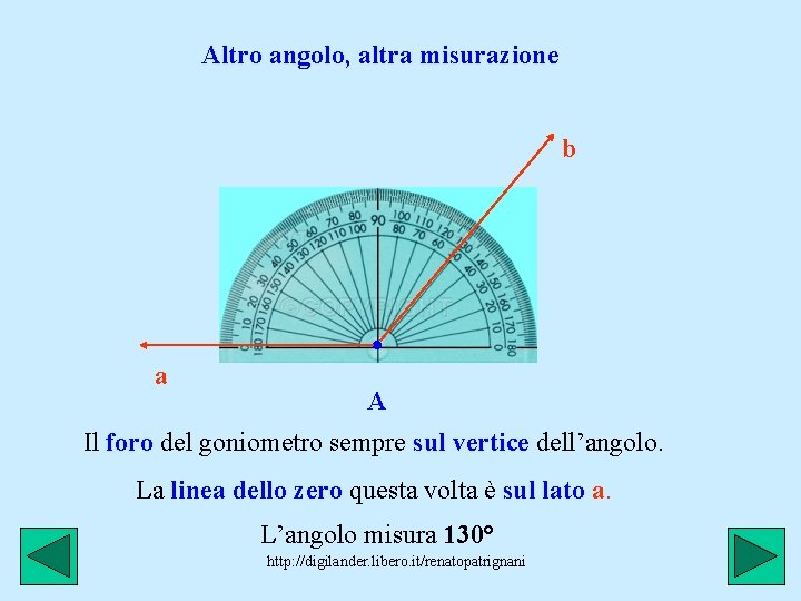 Altro angolo, altra misurazione b a . A Il foro del goniometro sempre sul