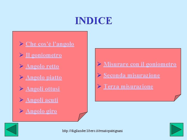 INDICE Ø Che cos’è l’angolo Ø Il goniometro Ø Angolo retto Ø Misurare con