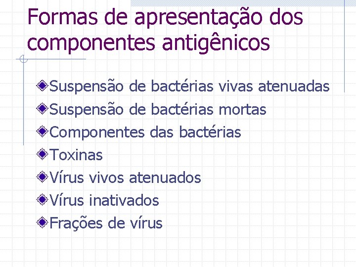 Formas de apresentação dos componentes antigênicos Suspensão de bactérias vivas atenuadas Suspensão de bactérias