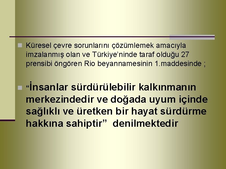 n Küresel çevre sorunlarını çözümlemek amacıyla imzalanmış olan ve Türkiye’ninde taraf olduğu 27 prensibi