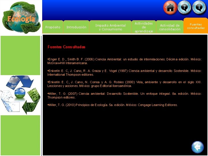 Ecología Propósito Introducción Impacto Ambiental y Consumismo Actividades de aprendizaje Actividad de consolidación Fuentes