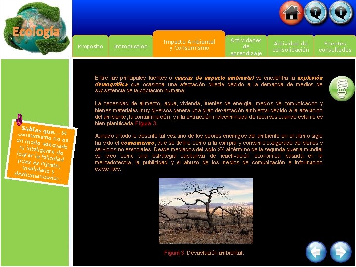 Ecología Propósito Introducción Impacto Ambiental y Consumismo Actividades de aprendizaje Actividad de consolidación Fuentes