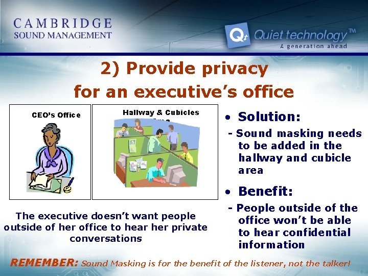 2) Provide privacy for an executive’s office CEO’s Office Hallway & Cubicles Area •