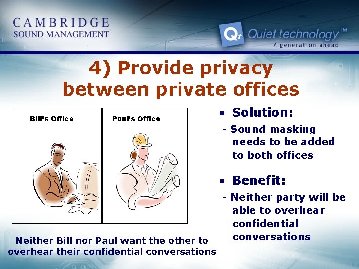 4) Provide privacy between private offices Bill’s Office Paul’s Office • Solution: - Sound