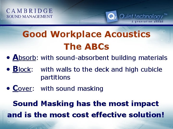 Good Workplace Acoustics The ABCs • Absorb: with sound-absorbent building materials • Block: with