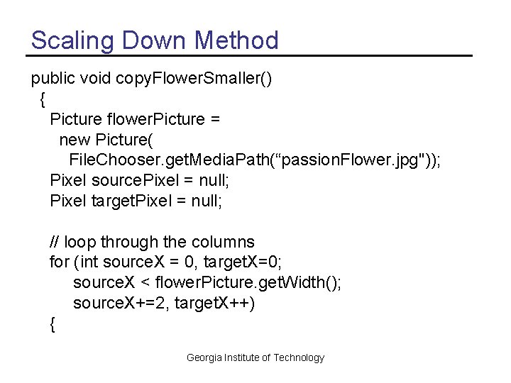 Scaling Down Method public void copy. Flower. Smaller() { Picture flower. Picture = new