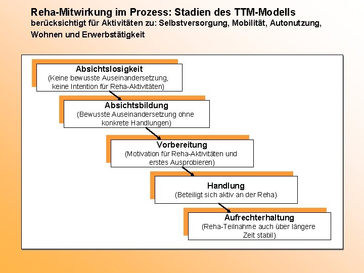 Reha-Mitwirkung im Prozess: Stadien des TTM-Modells berücksichtigt für Aktivitäten zu: Selbstversorgung, Mobilität, Autonutzung, Wohnen