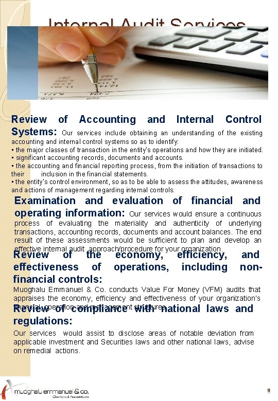 Internal Audit Services – Proposed Scope of Work Review of Accounting and Internal Control