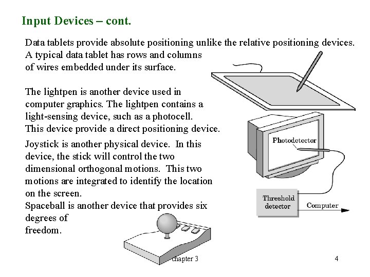 Input Devices – cont. Data tablets provide absolute positioning unlike the relative positioning devices.