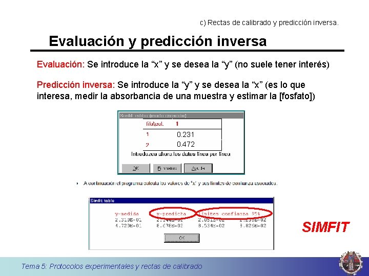 c) Rectas de calibrado y predicción inversa. Evaluación y predicción inversa Evaluación: Se introduce