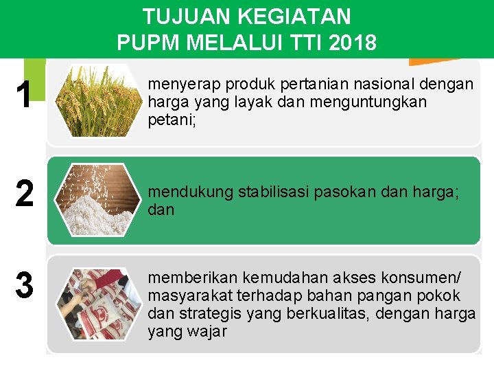 TUJUAN KEGIATAN PUPM MELALUI TTI 2018 1 menyerap produk pertanian nasional dengan harga yang