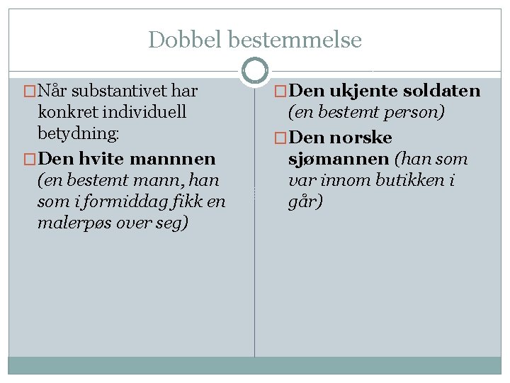 Dobbel bestemmelse �Når substantivet har �Den ukjente soldaten konkret individuell betydning: �Den hvite mannnen