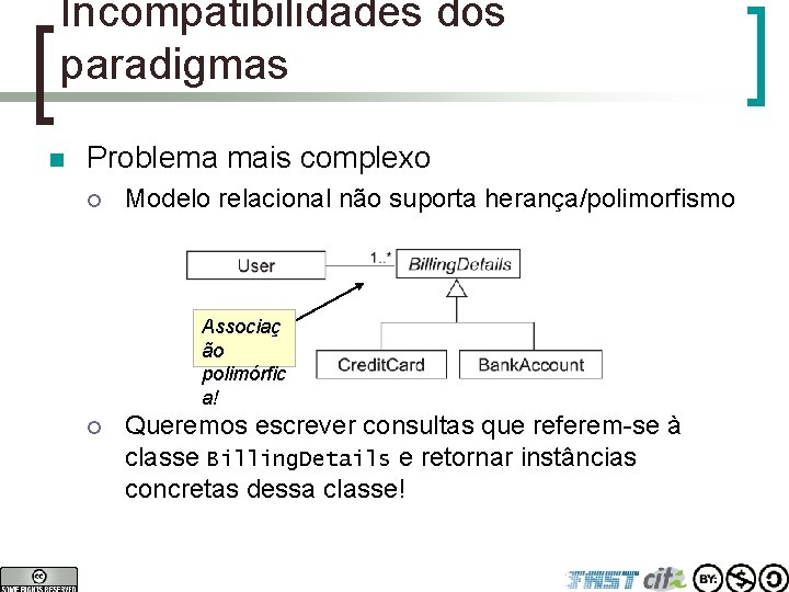 Incompatibilidades dos paradigmas n Problema mais complexo ¡ Modelo relacional não suporta herança/polimorfismo Associaç