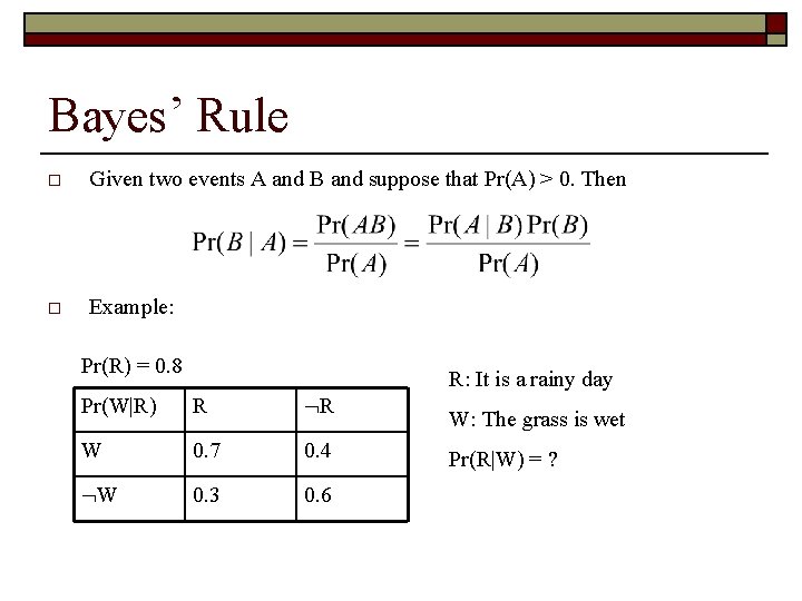 Bayes’ Rule o Given two events A and B and suppose that Pr(A) >