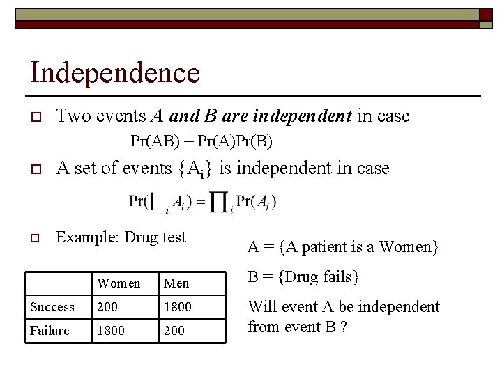 Independence o Two events A and B are independent in case Pr(AB) = Pr(A)Pr(B)