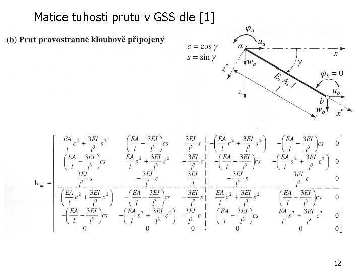 Matice tuhosti prutu v GSS dle [1] 12 