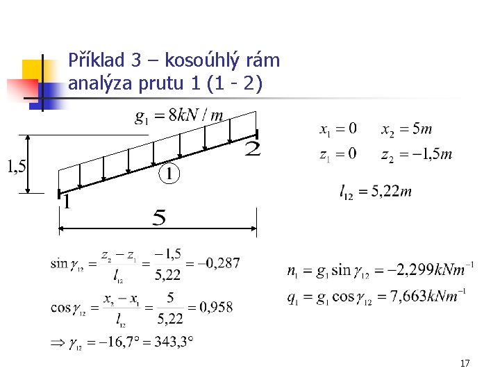 Příklad 3 – kosoúhlý rám analýza prutu 1 (1 - 2) 17 
