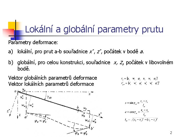 Lokální a globální parametry prutu Parametry deformace: a) lokální, pro prut a-b souřadnice x*,