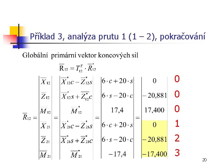 Příklad 3, analýza prutu 1 (1 – 2), pokračování 0 0 0 1 2