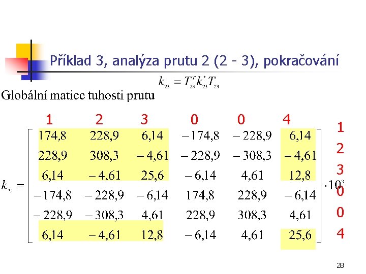 Příklad 3, analýza prutu 2 (2 - 3), pokračování 1 2 3 0 0