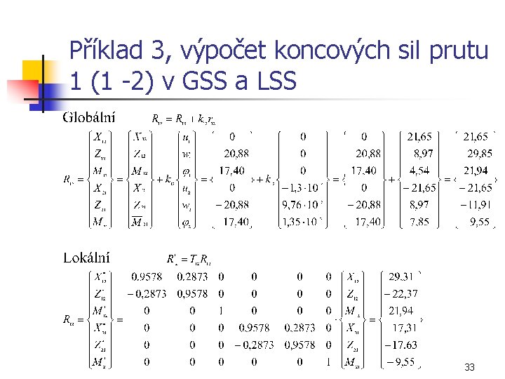 Příklad 3, výpočet koncových sil prutu 1 (1 -2) v GSS a LSS 33