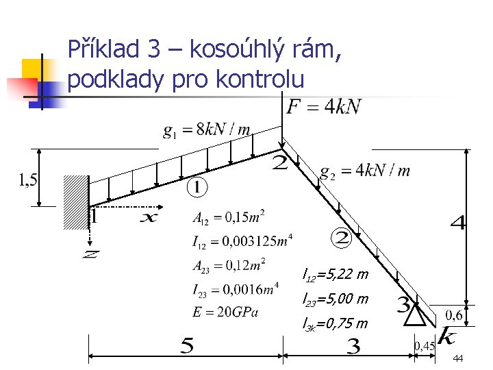 Příklad 3 – kosoúhlý rám, podklady pro kontrolu l 12=5, 22 m l 23=5,