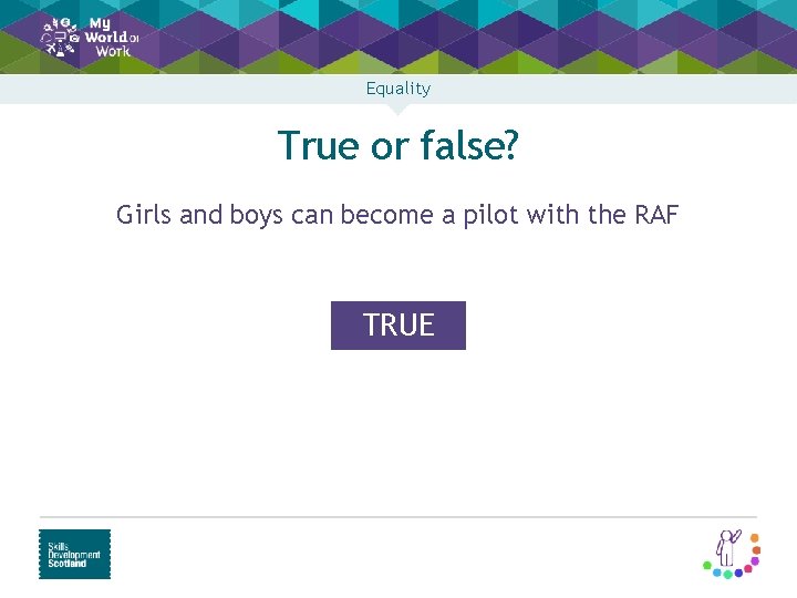 Equality True or false? Girls and boys can become a pilot with the RAF