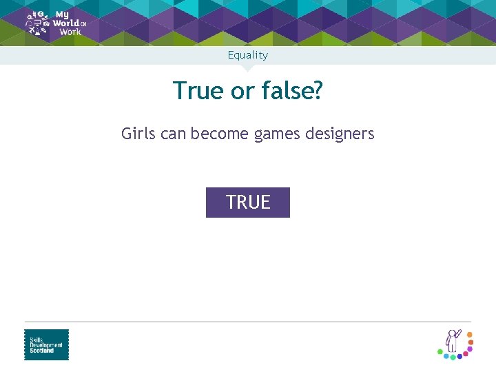 Equality True or false? Girls can become games designers TRUE 