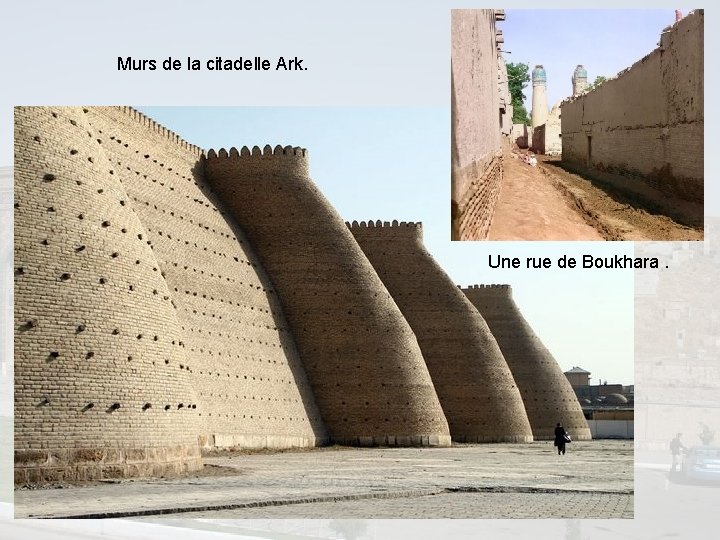 Murs de la citadelle Ark. Une rue de Boukhara. 