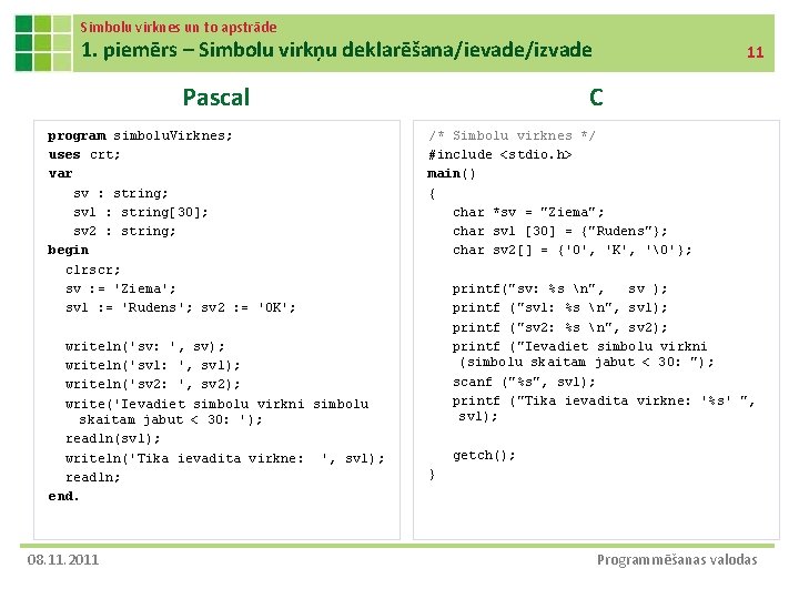 Simbolu virknes un to apstrāde 1. piemērs – Simbolu virkņu deklarēšana/ievade/izvade Pascal program simbolu.