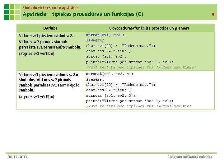 Simbolu virknes un to apstrāde Apstrāde – tipiskas procedūras un funkcijas (C) Darbība 9