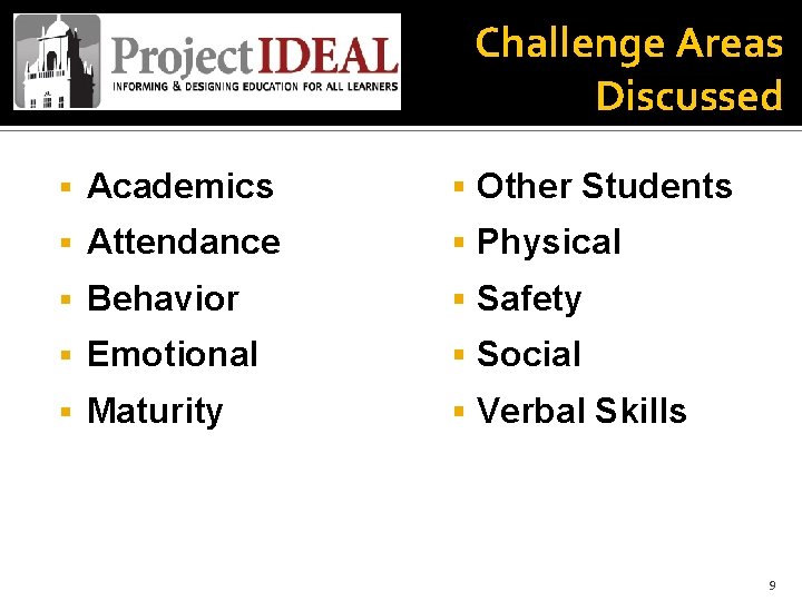 Challenge Areas Discussed § Academics § Other Students § Attendance § Physical § Behavior