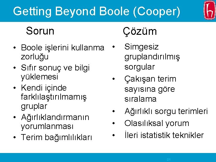 Getting Beyond Boole (Cooper) Sorun • Boole işlerini kullanma zorluğu • Sıfır sonuç ve