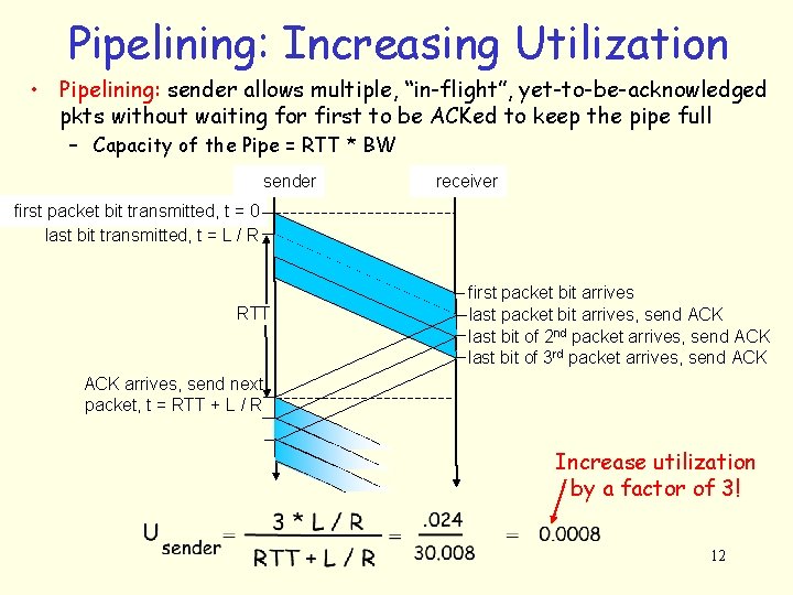 Pipelining: Increasing Utilization • Pipelining: sender allows multiple, “in-flight”, yet-to-be-acknowledged pkts without waiting for