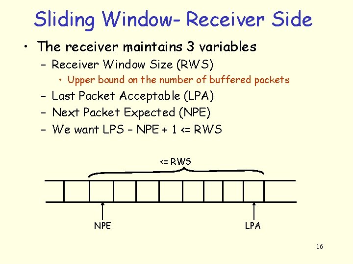 Sliding Window- Receiver Side • The receiver maintains 3 variables – Receiver Window Size