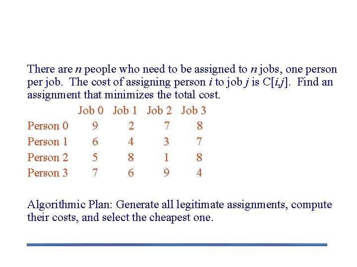 Example 3: The Assignment Problem There are n people who need to be assigned Example 3: The Assignment Problem There are n people who need to be assigned