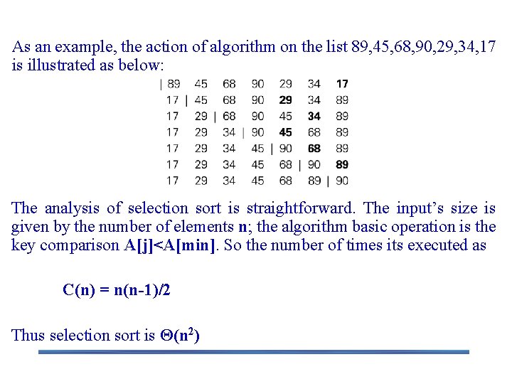 Analysis of Selection Sort As an example, the action of algorithm on the list Analysis of Selection Sort As an example, the action of algorithm on the list