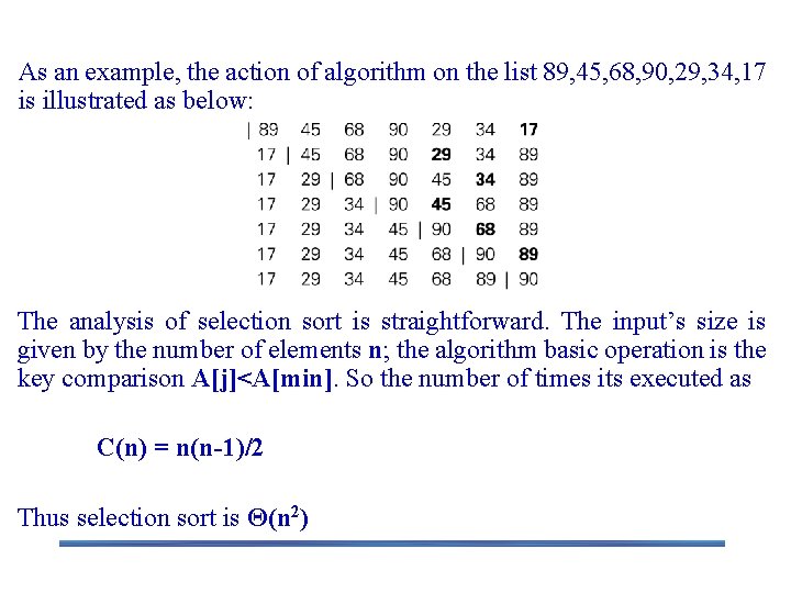 Analysis of Selection Sort As an example, the action of algorithm on the list