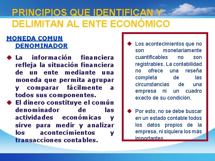 PRINCIPIOS QUE IDENTIFICAN Y DELIMITAN AL ENTE ECONÓMICO MONEDA COMUN DENOMINADOR u La información