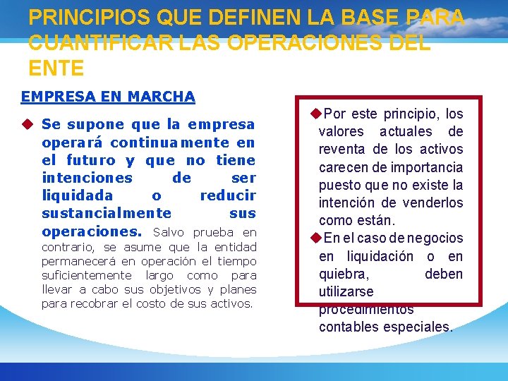 PRINCIPIOS QUE DEFINEN LA BASE PARA CUANTIFICAR LAS OPERACIONES DEL ENTE EMPRESA EN MARCHA
