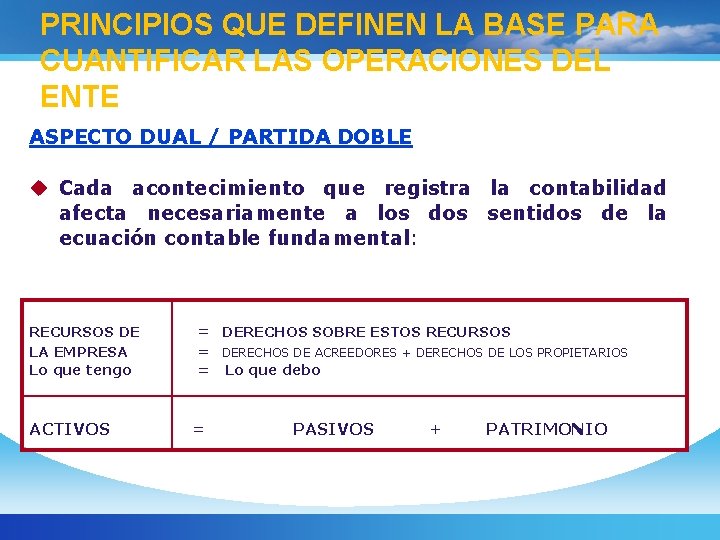 PRINCIPIOS QUE DEFINEN LA BASE PARA CUANTIFICAR LAS OPERACIONES DEL ENTE ASPECTO DUAL /